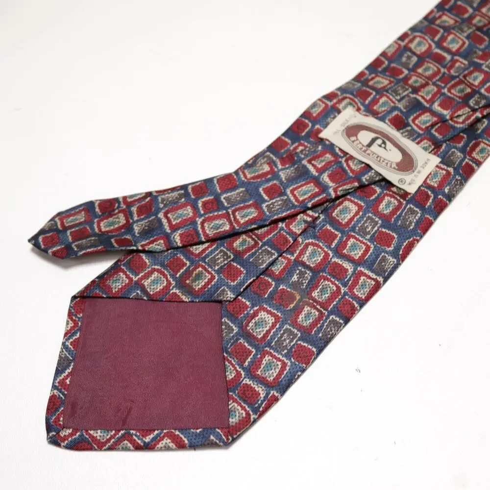 Vtg Bert Pulitzer Tie Mens 54 in Silk Red Blue Multicolor Abstract Checker Wide